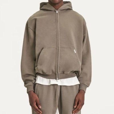 주문 세탁된 중량급 면화 빗자루 어깨 빈 산성 위안부 절단 Zip Up Hoodie online manufacture