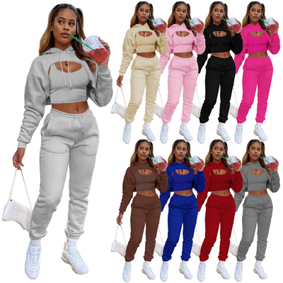 주문 프린트 된 분홍색 여자 운동복 3 조각 세트 크롭 톱 후디와 조거즈 크롭 후디 online manufacture