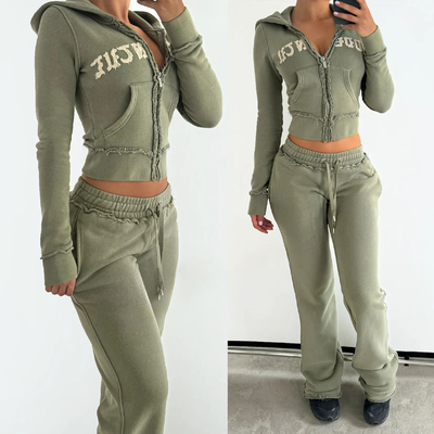 주문 여성용 맞춤 embroidered Acid Wash 운동복 100% Cotton Flared Sweatpants and Hoodie Set online manufacture