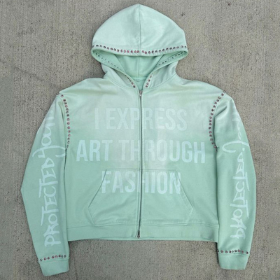 주문 맞춤 gemstone Zip Up Heavy Weight Hoodie 빈티지 산으로 씻은 Baggy Boxy Fit 절단된 라인스턴 Hoodie online manufacture