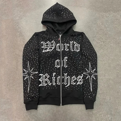 주문 고품질 embroidery Zip Hoodie 중량 면화 프랑스 테리 초대 크기의 Hoodies 사용자 지정 Zipper Rhinestone Zip Up Hoodie online manufacture