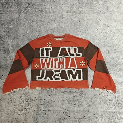 주문 사용자 지정 로고 280-300 Gsm Cotton Distressed Embroidery Acid Washed Raw Hem Cropped Striped Long Sleeves 남자용 티셔츠 online manufacture
