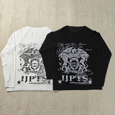 주문 Custom Streetwear Dtg Print Graphic Vintage Raw Hem Crew Neck Waffle Knit Thermal Long Sleeve T Shirt for Men online manufacture