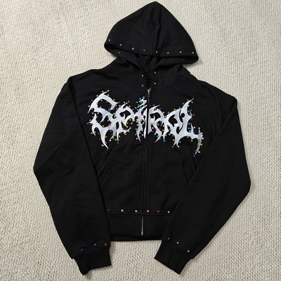 주문 Custom Distressed Embroidery Boxy Cropped Zipper Streetwear 400 gsm 600gsm Men Zip up Heavyweight Rhinestone Hoodie online manufacture