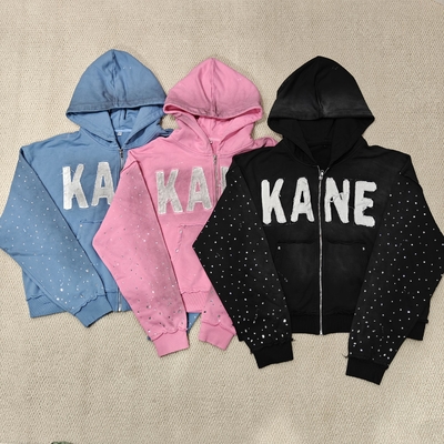 주문 Custom 2025 New Dirty Washed Mens hoodies Y2k Streetwear Vintage Distressed Applique Embroidery Rhinestone Zip up Hoodie online manufacture