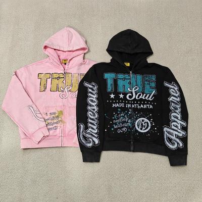 주문 Custom DTG Screen Printing Boxy Heavyweight Zipper Jackets Cotton Distressed Rhinestone Zip up Men Hoodie online manufacture