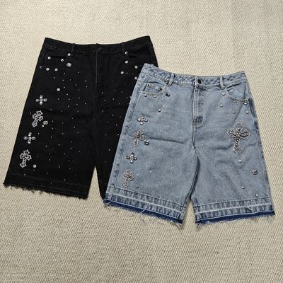 주문 Clothing Manufacturers Custom Streetwear Rhinestone Vintage Black Jeans Shorts Rhinestone Denim Shorts Jorts for Men online manufacture