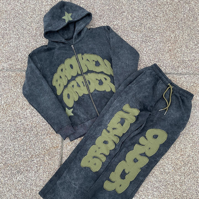 비엔티지 디스트레스트 패치 어플리케 embroidery hoodie 세트