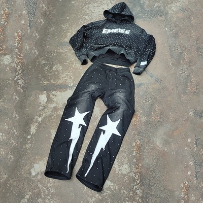 맞춤식 Acid Wash 2 조각 조거 운동복 남자용 조깅 슈트 DTG 프린팅 스택 디자인