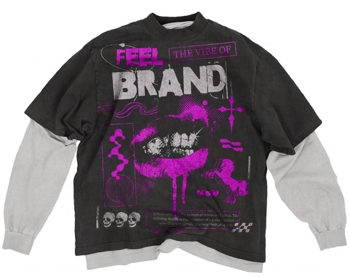 O-Neck Collar Double Layered Long Sleeve T-Shirt for Unisex Distressed Vintage 세탁된