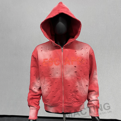 맞춤형 대형 산화 썬 훼손 찢어 질린 위안부 Zip Up 박스 크로프 후디