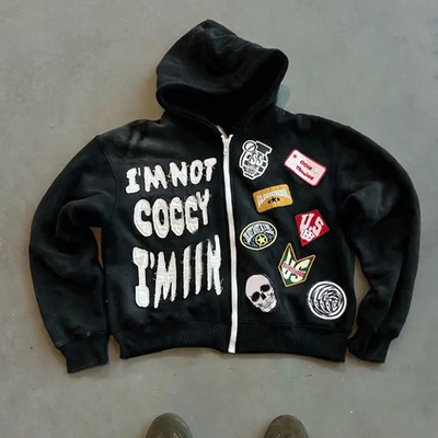 맞춤식 Zip Up Heavyweight Cotton Terry Hoodie Box Fit 및 Distressed 패치 수직 계절 필수
