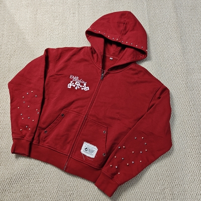 주문 세탁 된 빨간색 후디 애통 embroidery 면화 프랑스 테리 보석 진주 과대 크기의 박스 지프 업 후디 남성