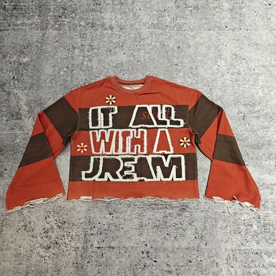 사용자 지정 로고 280-300 Gsm Cotton Distressed Embroidery Acid Washed Raw Hem Cropped Striped Long Sleeves 남자용 티셔츠